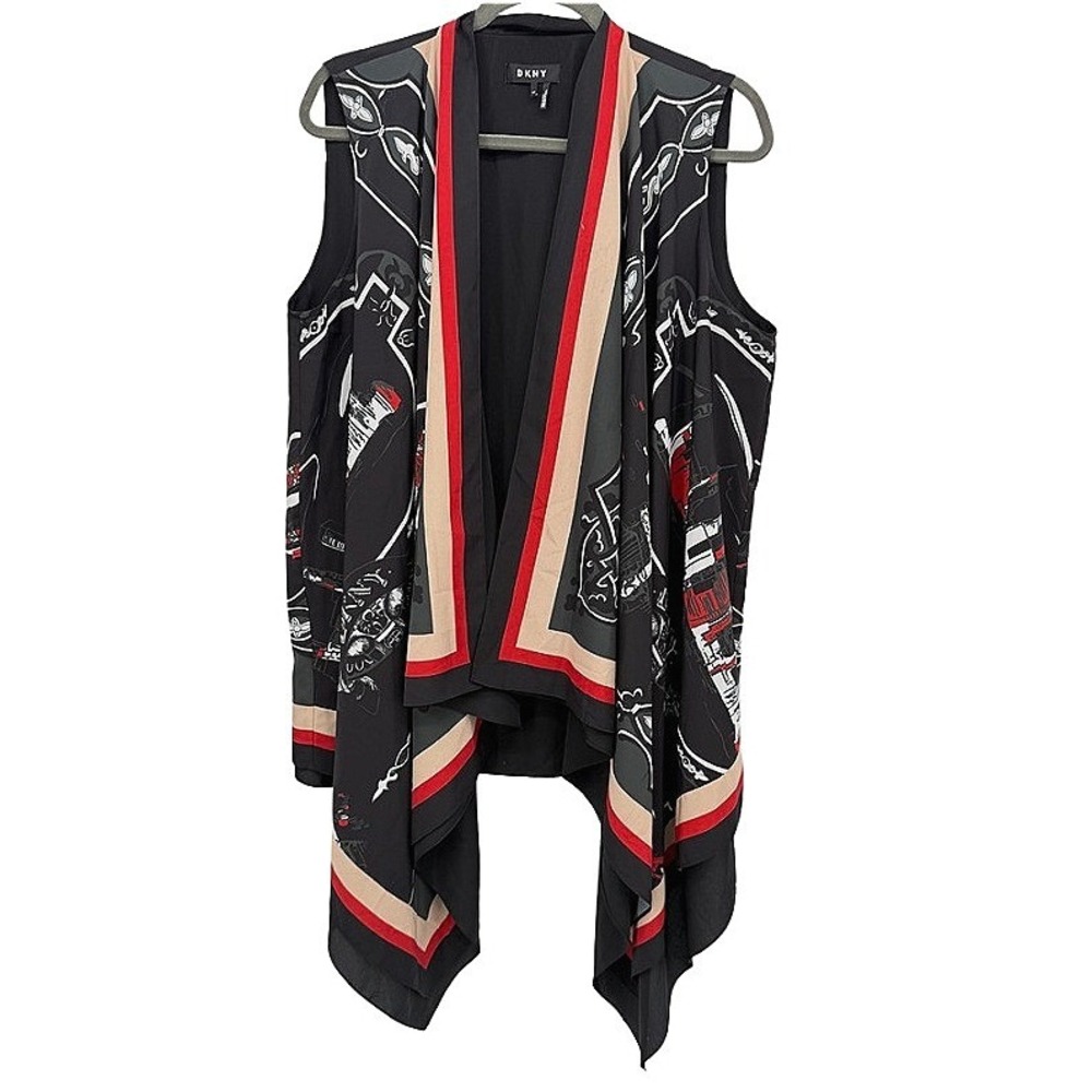 DKNY Scarf Vest Printed Draped Open Front Sleeveless Cardigan Waterfall Size M/L